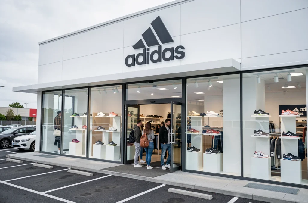 Devanture du magasin Adidas Outlet au centre commercial Plan de Campagne à Cabriès avec l'entrée des clients