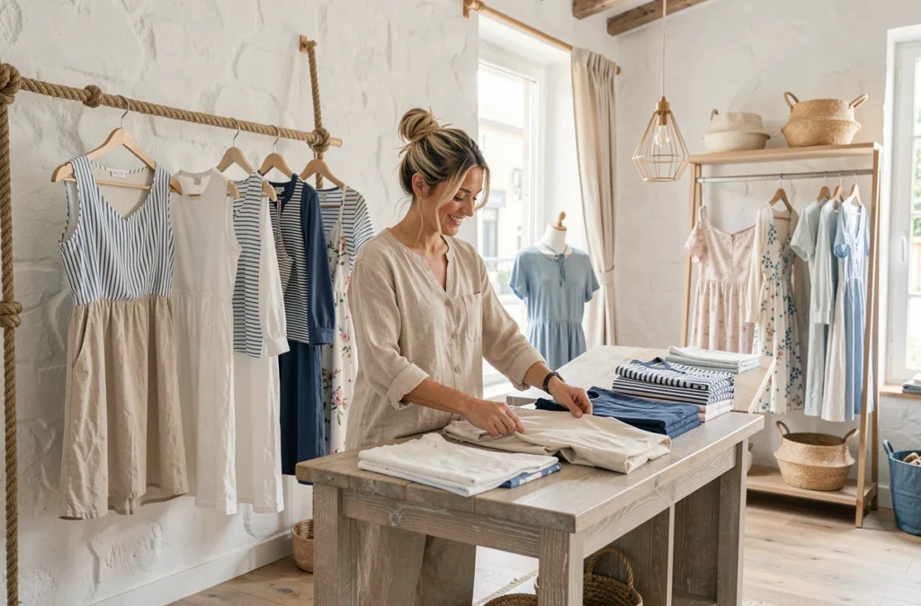 Boutique Astuces à La Rochelle, femme en lin naturel dans un espace mode inspiré de l'ambiance maritime