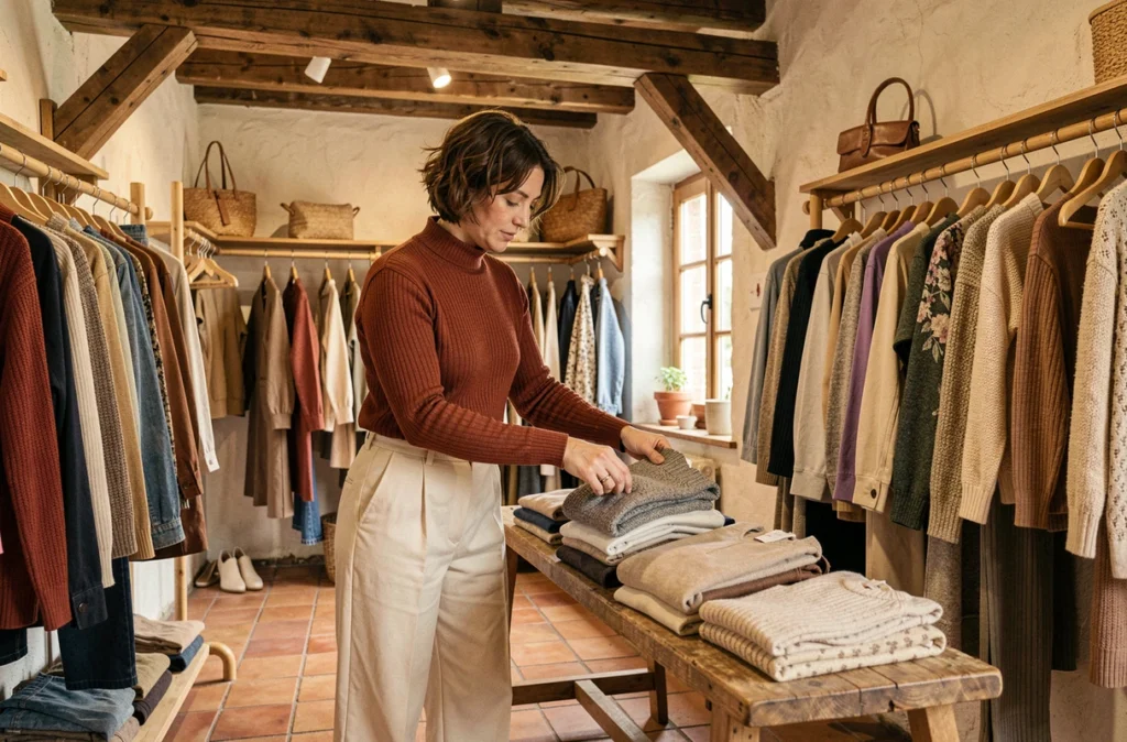 L'Atelier Mya à Neuville-de-Poitou, femme triant des tricots dans un atelier boutique artisanal chaleureux