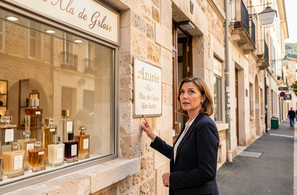 Devanture de la parfumerie Azurée à Plan de Grasse avec ses flacons de parfum exposés en vitrine