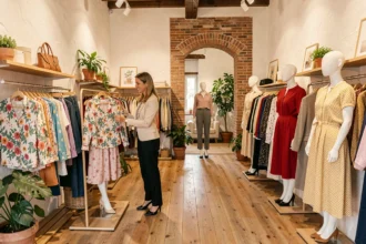 Boutique de prêt-à-porter féminin en Nouvelle-Aquitaine avec des vêtements colorés sur des portants et une cliente qui browse