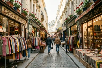 Rue vintage animée en Île-de-France avec des boutiques de vêtements rétro et des passants qui fouillent les portants extérieurs