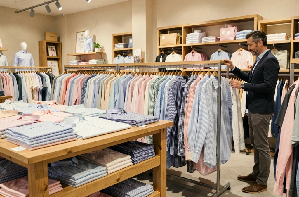 Intérieur du magasin d'usine Café Coton à Fuveau avec ses rayons de chemises en coton soigneusement présentées