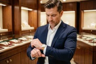 Homme élégant examinant une Rolex Day-Date dans une boutique de montres de luxe, comparant les modèles selon son budget