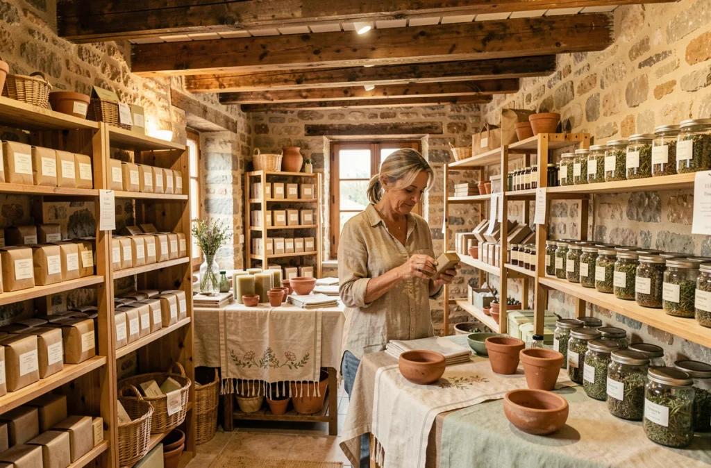 Intérieur rustique du magasin Collines de Provence à Mane-en-Provence avec ses produits artisanaux provençaux en exposition