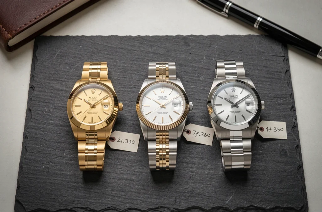 Comparaison de trois Rolex Day-Date d'occasion en or jaune, or blanc et acier sur fond ardoise, avec étiquettes de prix pour choisir selon son budget