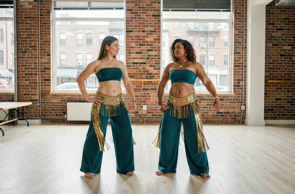 Deux femmes en tenues de danse orientale teal et or s'entraînant ensemble dans une salle communautaire lumineuse