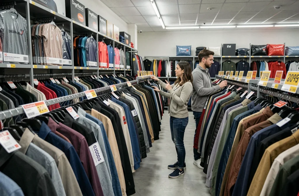 Intérieur du magasin Degriffstock à La Garde avec ses rayons de vêtements de marques dégriffés à prix réduits