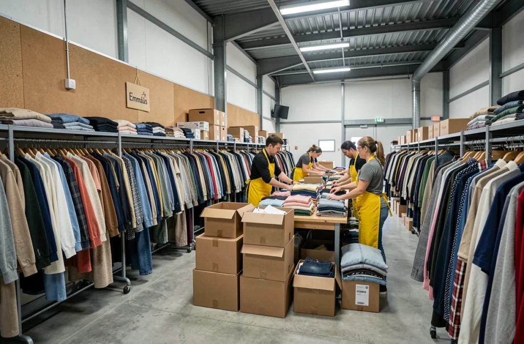 Bénévoles organisant des vêtements de seconde main dans un dépôt Emmaüs du Loiret