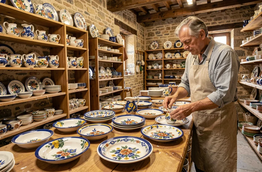 Atelier-boutique de la Faïencerie de Varages avec ses pièces en céramique peintes à la main exposées sur des tables en bois