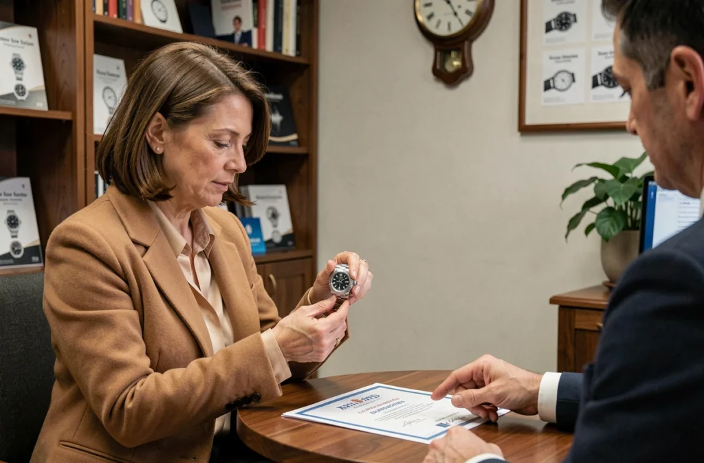 Femme inspectant une Rolex Day-Date d'occasion avec un revendeur certifié, vérifiant l'authenticité et le budget avant achat