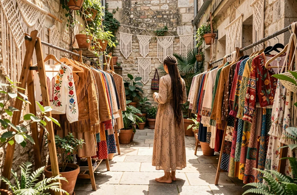 Cour extérieure bohème de Hippy Market à Paris avec des vêtements vintage ethniques suspendus et une femme en robe maxi