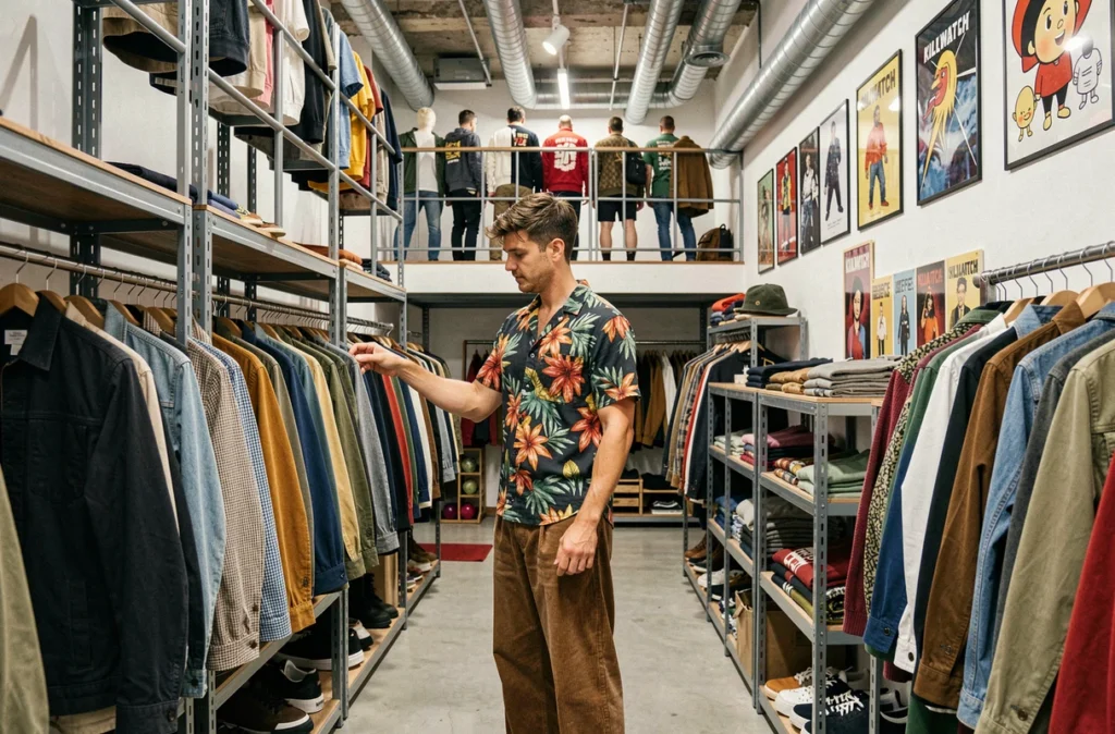 Homme parcourant les rayons de vêtements vintage de la boutique Kiliwatch à Paris