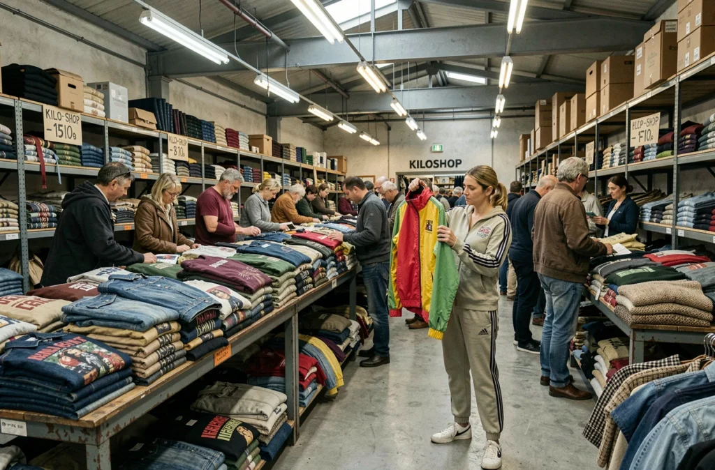 Intérieur entrepôt du KiloShop Paris avec des clients fouillant des montagnes de vêtements vintage vendus au kilo