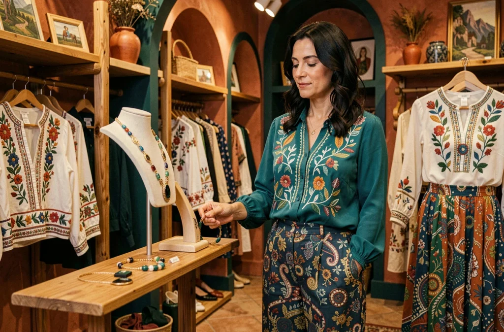 La Fée Maraboutée à Pau, femme en blouse brodée teal dans une boutique féminine aux accents basques et pyrénéens