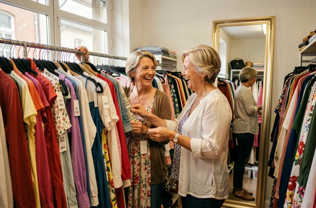 Deux femmes fouillant les portants de robes et chemisiers chez Ladies and Co. à Montargis