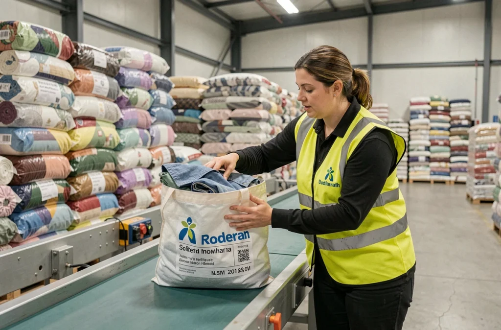 Travailleur du Relais triant et collectant des textiles dans un entrepôt du Loiret