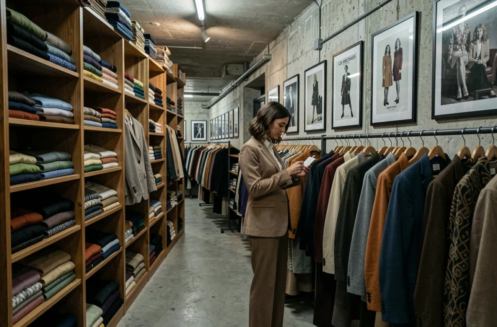 Intérieur de la boutique Les Archives Paris avec des vêtements vintage soigneusement classés sur des étagères en bois