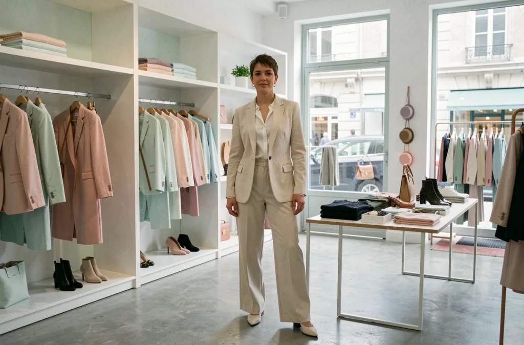 Boutique Les Libellules à Limoges, femme en blazer tailleur devant des portants de vêtements tendance