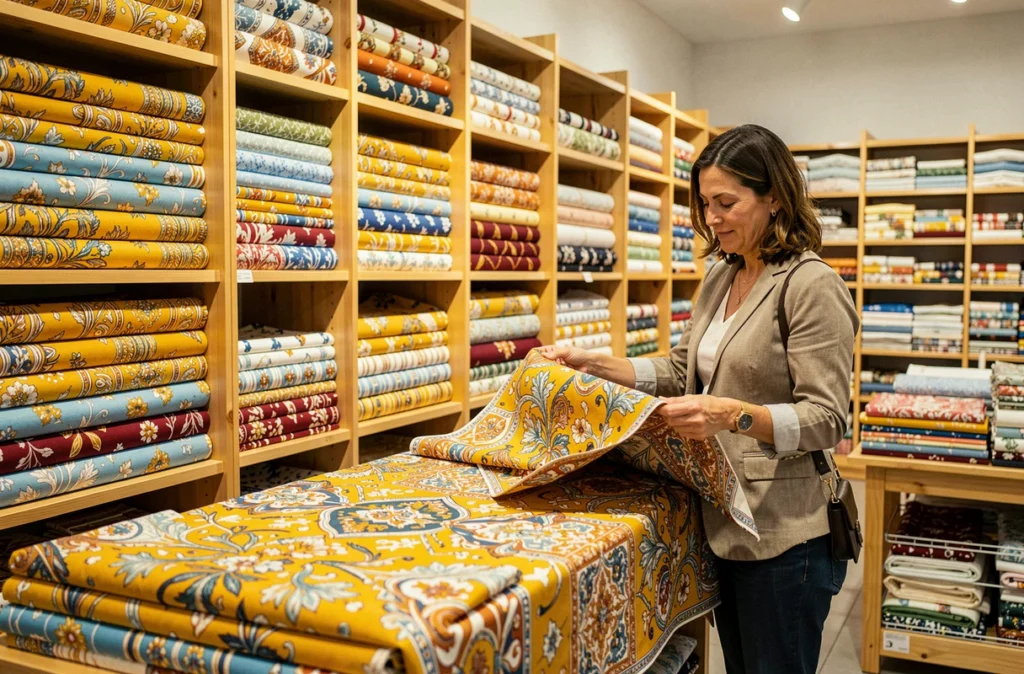 Intérieur du magasin Les Olivades à Saint-Étienne-du-Grès avec ses tissus provençaux colorés et ses nappes en vente directe