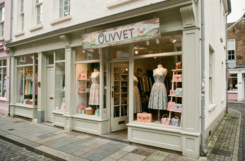Vitrine vintage de la boutique Mademoiselle Frou-Frou à Olivet avec robe fleurie et accessoires rétro