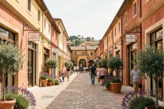 Vue panoramique d'un village de marques en plein air en Provence avec des façades en pierre calcaire et des boutiques colorées