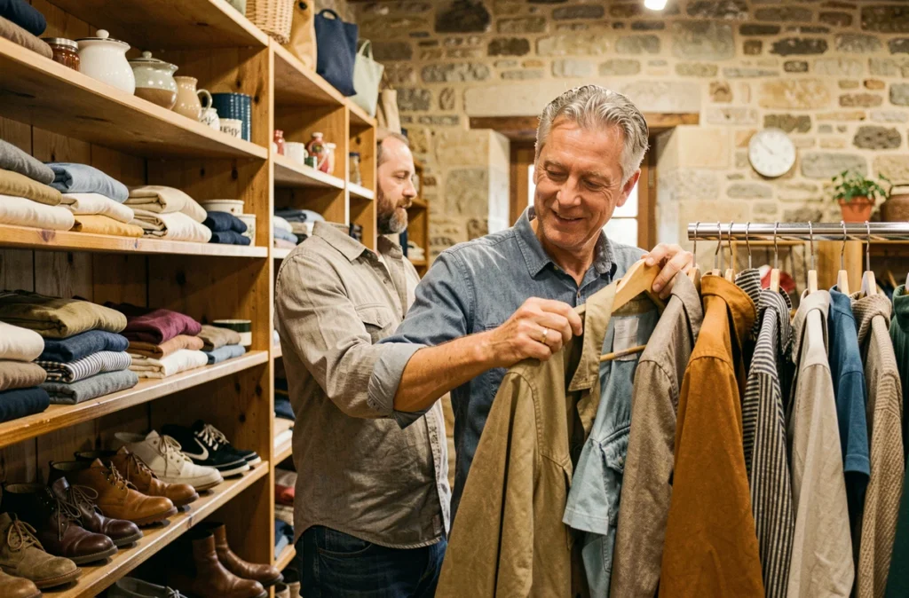 Client feuilletant des vestes suspendues à L'Occaz Magdunoise dans une boutique à Meung-sur-Loire