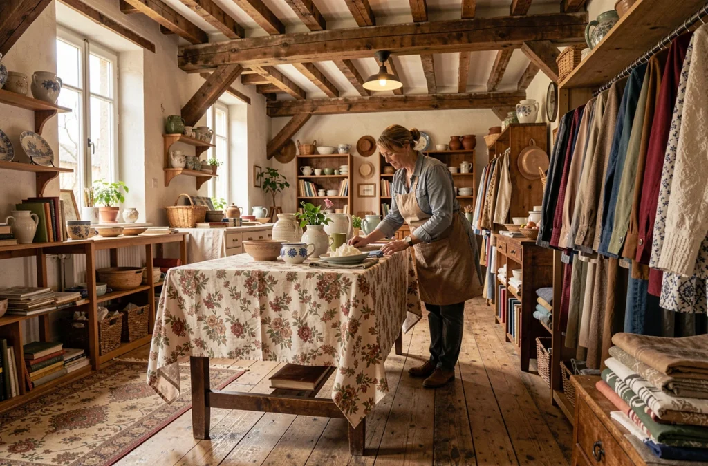 Femme inspectant une nappe vintage dans la Ressourcerie de l'Agglomération Montargoise parmi des objets chinés
