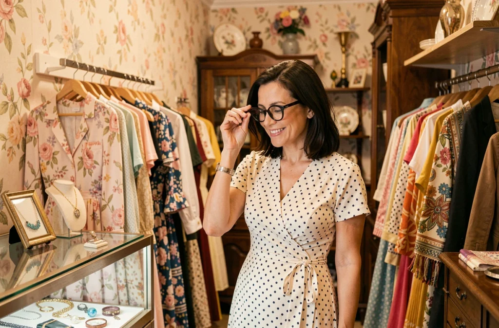Femme en robe à pois dans la boutique Retro à Paris entourée de vêtements vintage des années 50 et 60