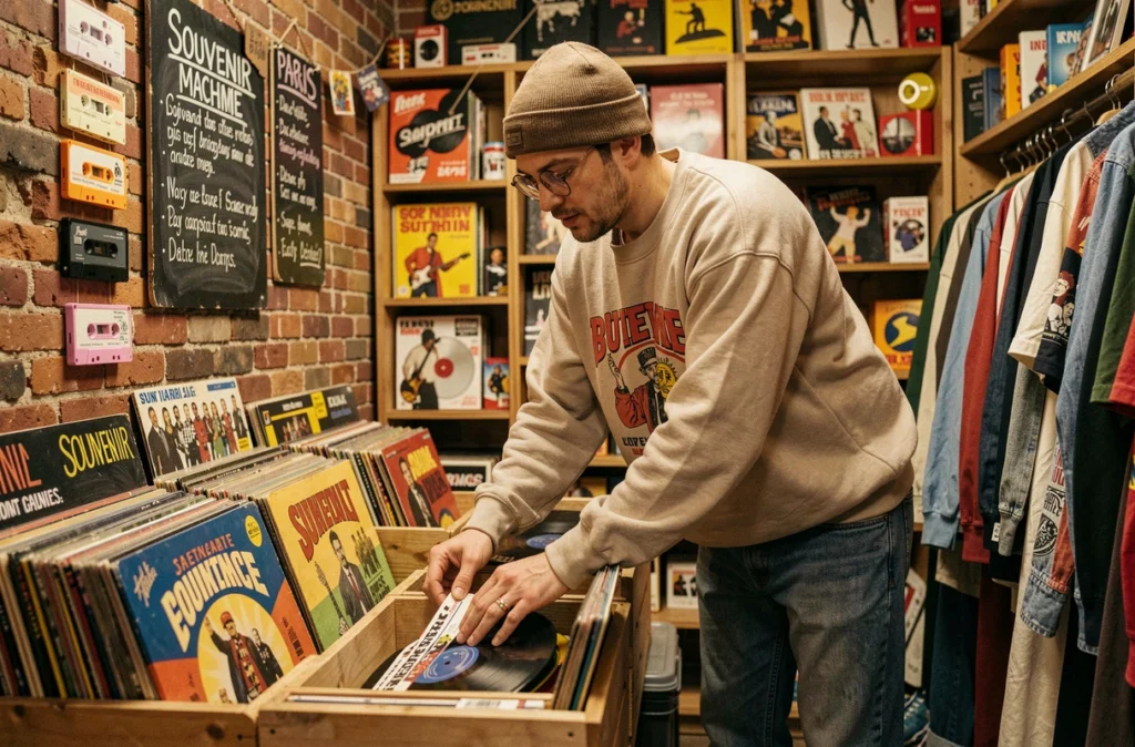 Homme fouillant des vinyles et des vêtements vintage dans la boutique Souvenir Machine à Paris