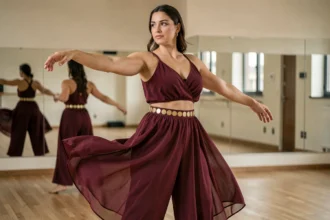 Femme portant une tenue de danse orientale bordeaux et or dans un studio de danse avec parquet en bois et miroirs