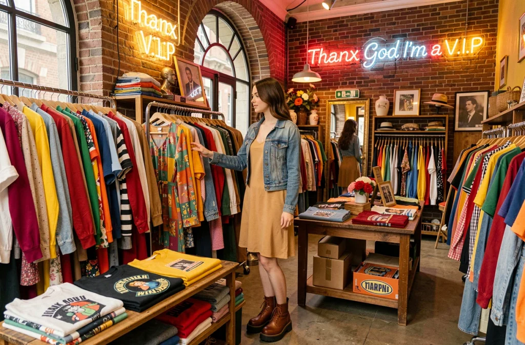 Intérieur de la boutique Thanx God I'm a V.I.P avec une jeune femme parcourant des vêtements vintage des années 90