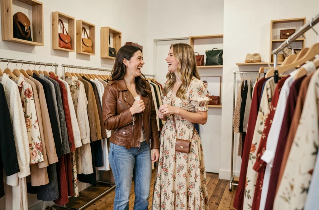 Deux jeunes femmes parcourant joyeusement les vêtements vintage dans la boutique The Vintagelovers à Paris