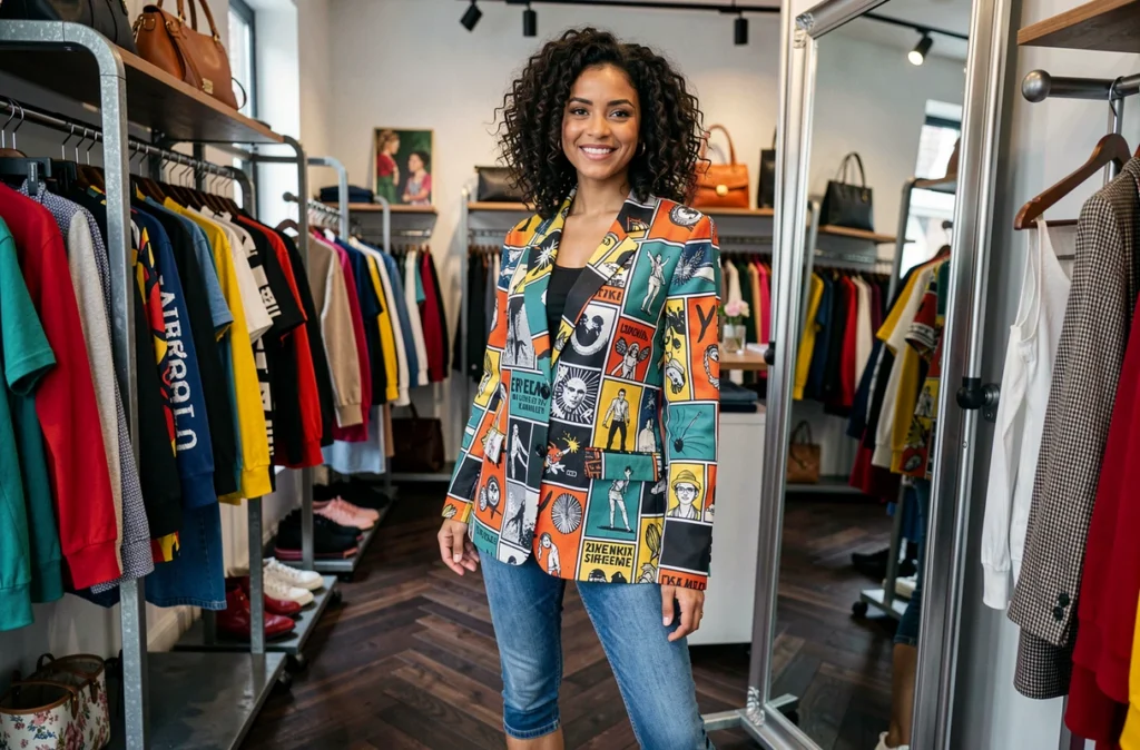 Femme en look graphique urbain dans la boutique U Turn à La Rochelle, ambiance mode contemporaine