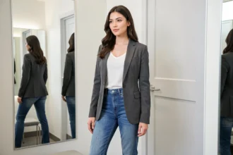 Femme en jean taille haute et veste structurée dans une cabine d'essayage lumineuse
