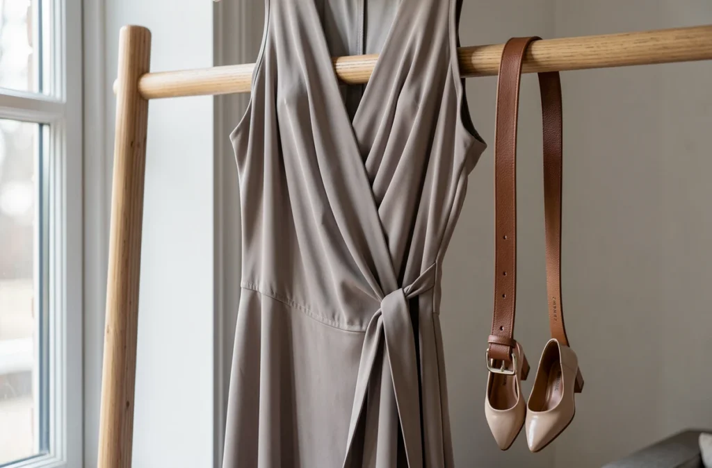Robe portefeuille fluide sur un portant en bois avec ceinture et chaussures