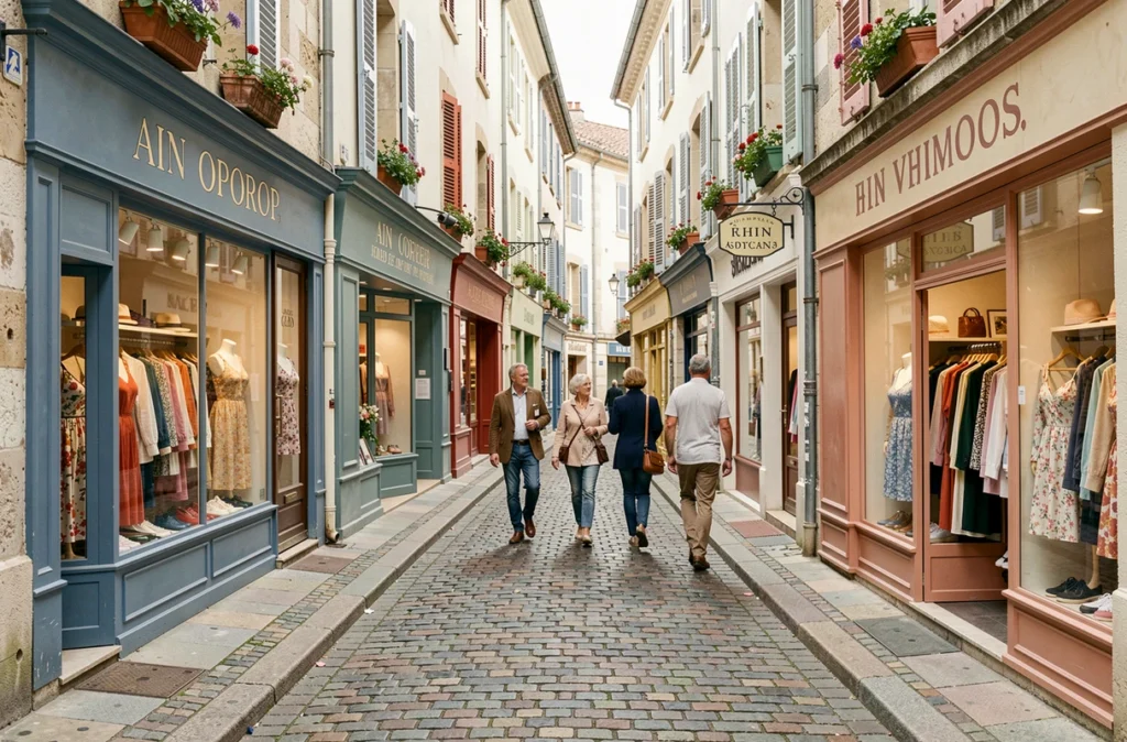 Rue commerçante piétonne de l'Ain avec des boutiques de vêtements indépendantes et des vitrines colorées